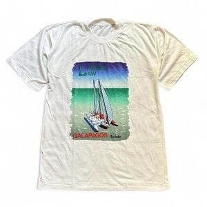 Vintage 1990s Galapagos Sailboat Graphic Tee in White with Teal & Purple Print L